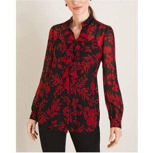 Chico's Floral Print Chiffon Long Sleeve Button-Down Sheer Blouse. Size M